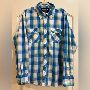 Carbon Blue, White and Green Checkered Button Down Shirt.